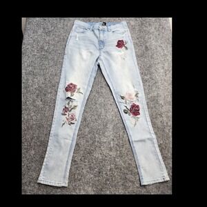 DQ2 Womens Blue Denim Light Wash Mid Rise Skinny Jeans Floral Embroidered
